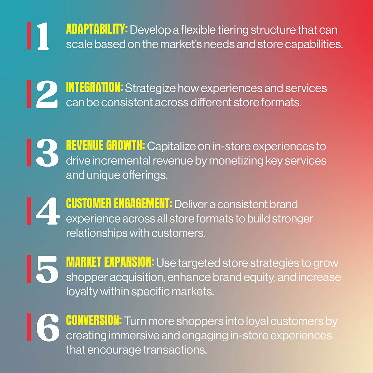 1.	Adaptability: Develop a flexible tiering structure that can scale based on the market's needs and store capabilities.
2.	Integration: Strategize how experiences and services can be consistent across different store formats.
3.	Revenue Growth: Capitalize on in-store experiences to drive incremental revenue by monetizing key services and unique offerings.
4.	Customer Engagement: Deliver a consistent brand experience across all store formats to build stronger relationships with customers.
5.	Market Expansion: Use targeted store strategies to grow shopper acquisition, enhance brand equity, and increase loyalty within specific markets.
6.	Conversion: Turn more shoppers into loyal customers by creating immersive and engaging in-store experiences that encourage transactions.
