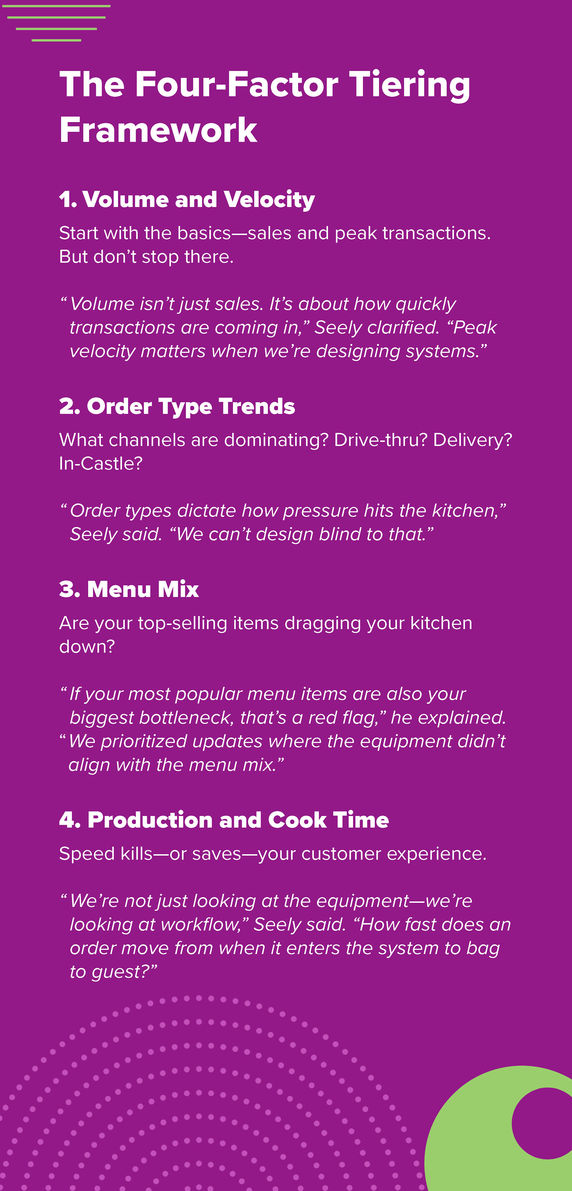 1. Volume and Velocity
Start with the basics—sales and peak transactions. But don't stop there.
Volume isn't just sales. It's about how quickly transactions are coming in, peak velocity matters when we're designing systems.
2. Order Type Trends
What channels are dominating? Drive-thru? Delivery? In-Castle?
Order types dictate how pressure hits the kitchen, We can't design blind to that.
3. Menu Mix
Are your top-selling items dragging your kitchen down?
If your most popular menu items are also your biggest bottleneck, that's a red flag," he explained. "We prioritized updates where the equipment didn't align with the menu mix.
4. Production and Cook Time
Speed kills—or saves—your customer experience.
We're not just looking at the equipment—we're looking at workflow," Seely said. "How fast does an order move from when it enters the system to bag to guest?